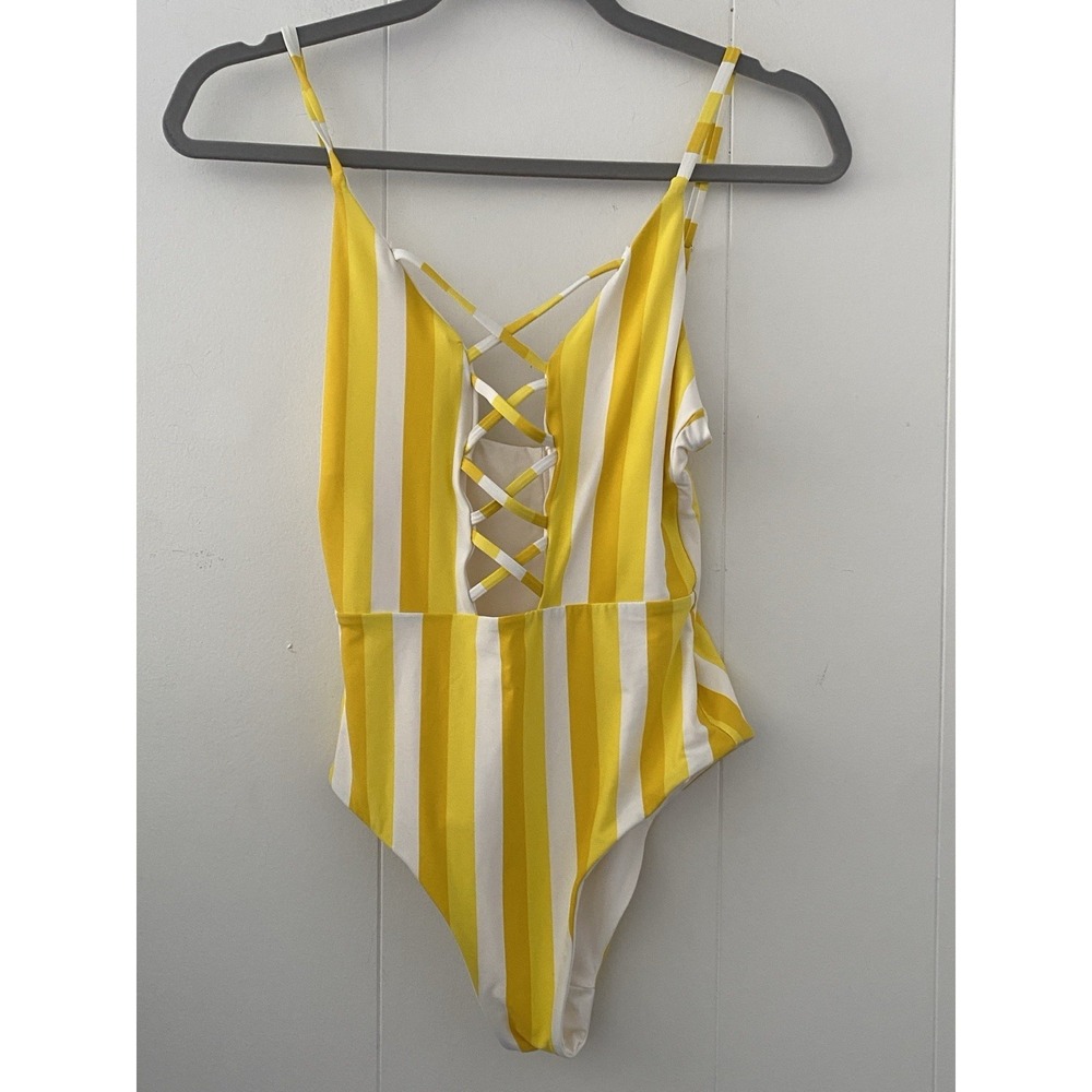 Dippin' Daisy's Yellow White Striped One Piece Swimsuit Lace Up Front Small